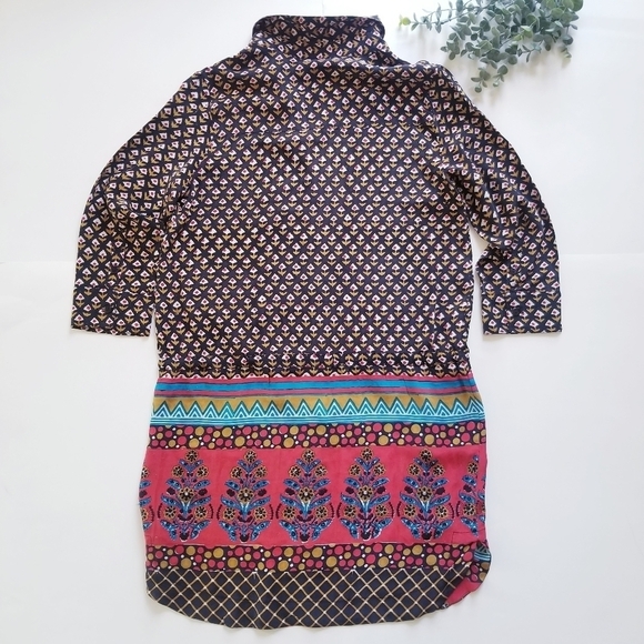 TOLANI Anthopologie Silk Bohemain Button Down Shirt Dress Tunic W Drawstring. - Picture 6 of 16